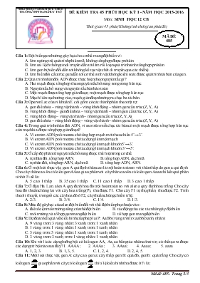 Đề kiểm tra 45 phút học kỳ I - Năm học 2015-2016 môn sinh học 12